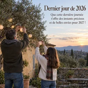 Un père et sa fille accrochent une guirlande de lanternes dans un jardin provençal au coucher du soleil, avec le texte « Dernier jour de 2026 Que cette dernière journée t’offre des instants précieux et de belles envies pour 2027 ! ».