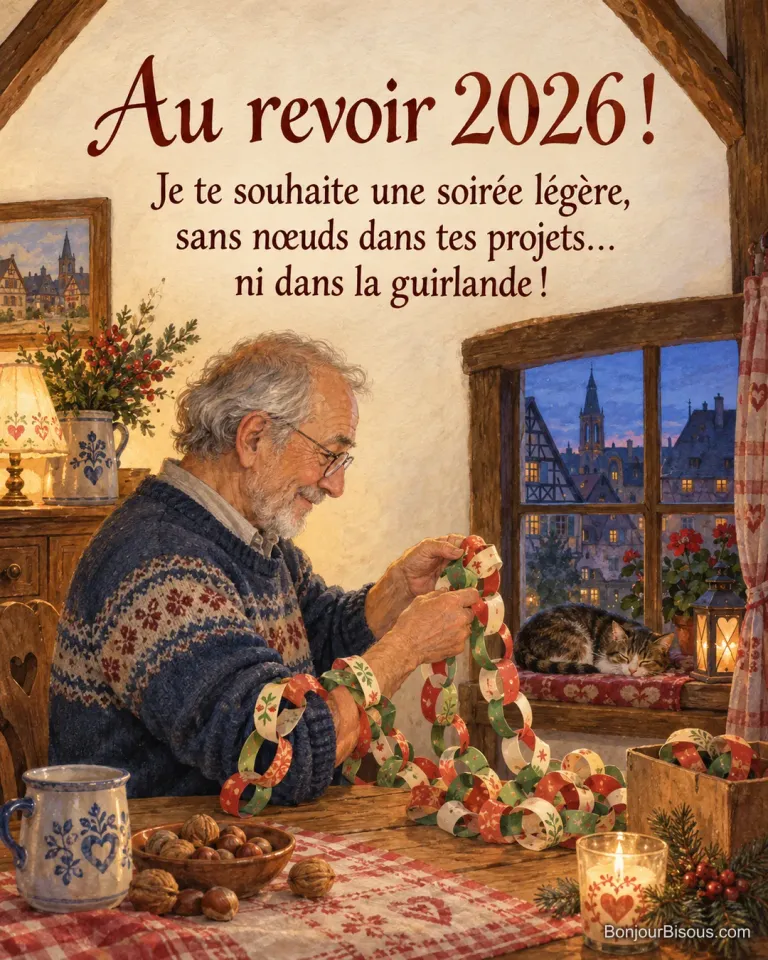 Un grand-père démêle une guirlande colorée devant une fenêtre alsacienne, près d’un chat endormi, avec le texte « Au revoir 2026 ! Je te souhaite une soirée légère, sans nœuds dans tes projets… ni dans la guirlande ! ».