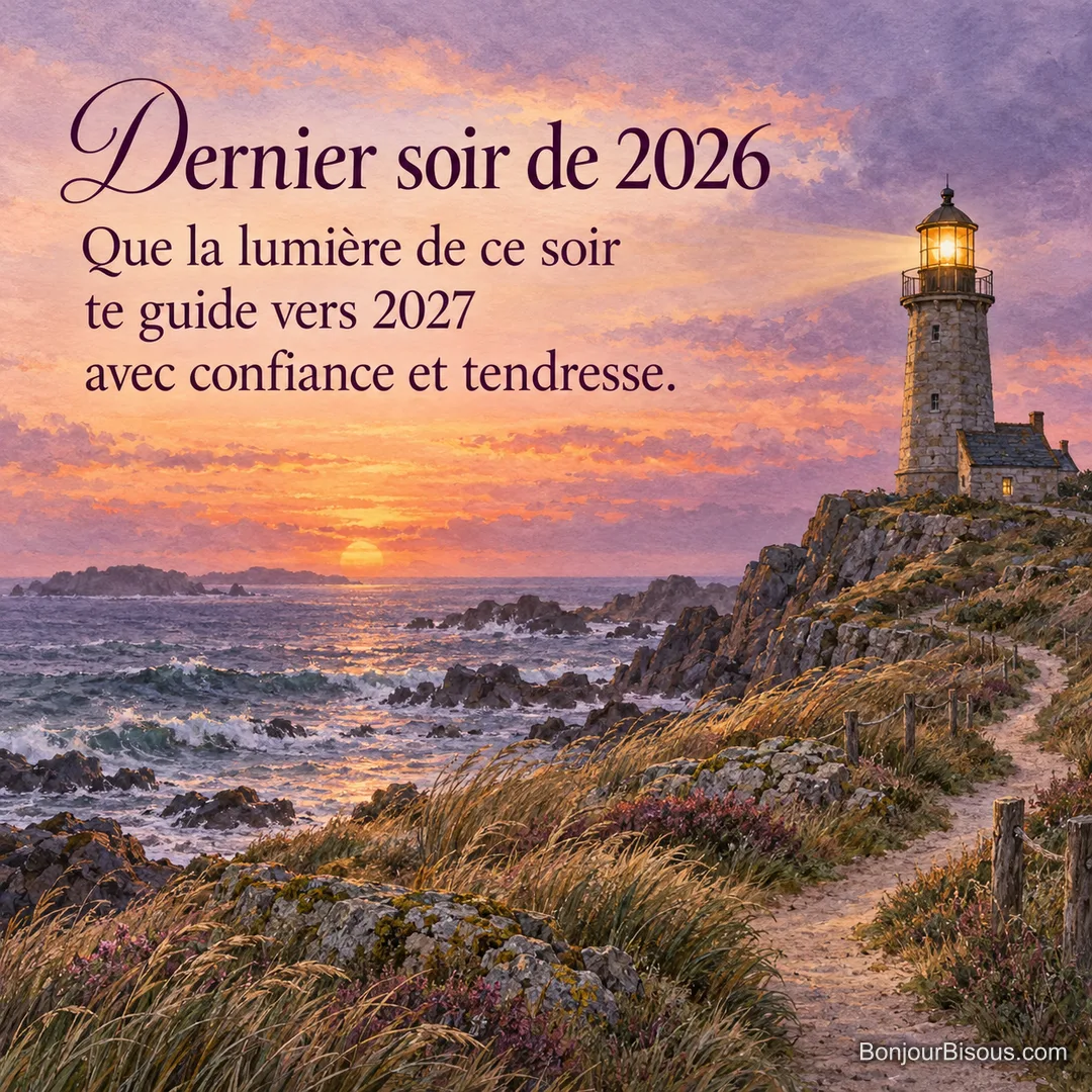 Un phare breton éclaire la mer au dernier crépuscule de l’année, avec le texte « Dernier soir de 2026 Que la lumière de ce soir te guide vers 2027 avec confiance et tendresse. ». Un phare breton éclaire la mer au dernier crépuscule de l’année, avec le texte « Dernier soir de 2026 Que la lumière de ce soir te guide vers 2027 avec confiance et tendresse. ».
