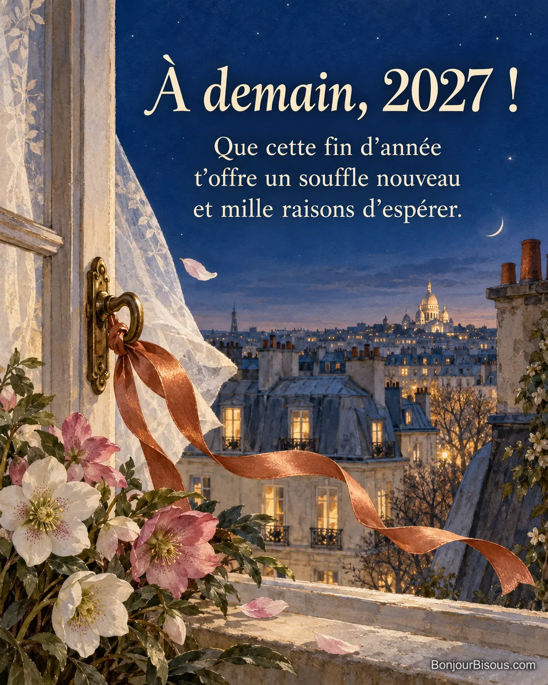 Un ruban danse près d’un bouquet d’hellébores et d’une fenêtre ouverte sur les toits de Paris, avec le texte « À demain, 2027 ! Que cette fin d’année t’offre un souffle nouveau et mille raisons d’espérer. ». Un ruban danse près d’un bouquet d’hellébores et d’une fenêtre ouverte sur les toits de Paris, avec le texte « À demain, 2027 ! Que cette fin d’année t’offre un souffle nouveau et mille raisons d’espérer. ».
