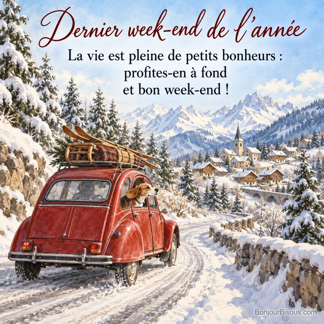 Peinture d’une 2CV rouge avec luge et skis sur le toit sur une route enneigée vers un village de montagne, un beagle passe la tête par la vitre, avec le texte « Dernier week-end de l’année – La vie est pleine de petits bonheurs : profites-en à fond et bon week-end ! » Peinture d’une 2CV rouge avec luge et skis sur le toit sur une route enneigée vers un village de montagne, un beagle passe la tête par la vitre, avec le texte « Dernier week-end de l’année – La vie est pleine de petits bonheurs : profites-en à fond et bon week-end ! »