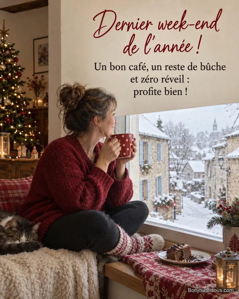 Photo d’une femme en gros pull assise sur le rebord d’une fenêtre avec une tasse rouge à pois blancs et une part de bûche, la neige tombe sur la rue du village, avec le texte « Dernier week-end de l’année ! Un bon café, un reste de bûche et zéro réveil : profite bien ! »
