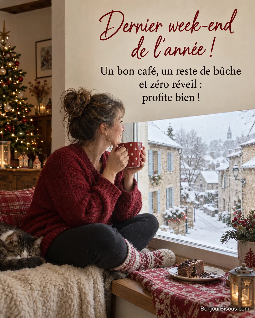 Photo d’une femme en gros pull assise sur le rebord d’une fenêtre avec une tasse rouge à pois blancs et une part de bûche, la neige tombe sur la rue du village, avec le texte « Dernier week-end de l’année ! Un bon café, un reste de bûche et zéro réveil : profite bien ! » Photo d’une femme en gros pull assise sur le rebord d’une fenêtre avec une tasse rouge à pois blancs et une part de bûche, la neige tombe sur la rue du village, avec le texte « Dernier week-end de l’année ! Un bon café, un reste de bûche et zéro réveil : profite bien ! »
