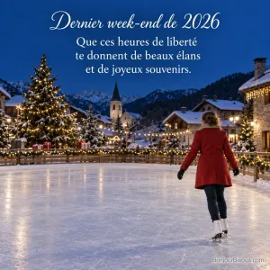 Une femme en manteau rouge patine sur une piste extérieure décorée pour les fêtes, avec le texte « Dernier week-end de 2026 Que ces heures de liberté te donnent de beaux élans et de joyeux souvenirs. ».
