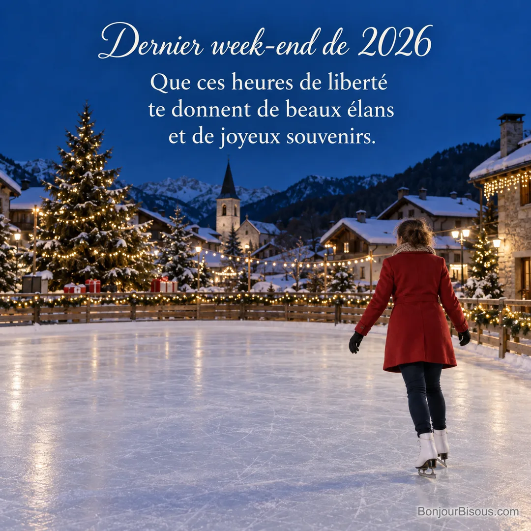 Une femme en manteau rouge patine sur une piste extérieure décorée pour les fêtes, avec le texte « Dernier week-end de 2026 Que ces heures de liberté te donnent de beaux élans et de joyeux souvenirs. ». Une femme en manteau rouge patine sur une piste extérieure décorée pour les fêtes, avec le texte « Dernier week-end de 2026 Que ces heures de liberté te donnent de beaux élans et de joyeux souvenirs. ».