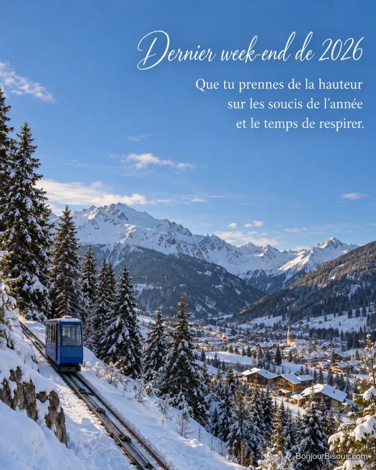 Un funiculaire bleu monte au-dessus d’un village alpin encore décoré pour les fêtes, avec le texte « Dernier week-end de 2026 Que tu prennes de la hauteur sur les soucis de l’année et le temps de respirer. ».