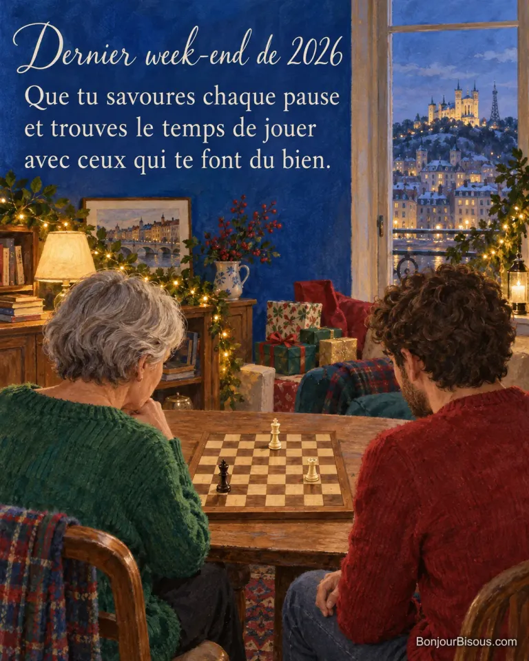 Deux adultes prennent le temps de jouer aux échecs dans un salon décoré pour la fin d’année, avec le texte « Dernier week-end de 2026 Que tu savoures chaque pause et trouves le temps de jouer avec ceux qui te font du bien. ».