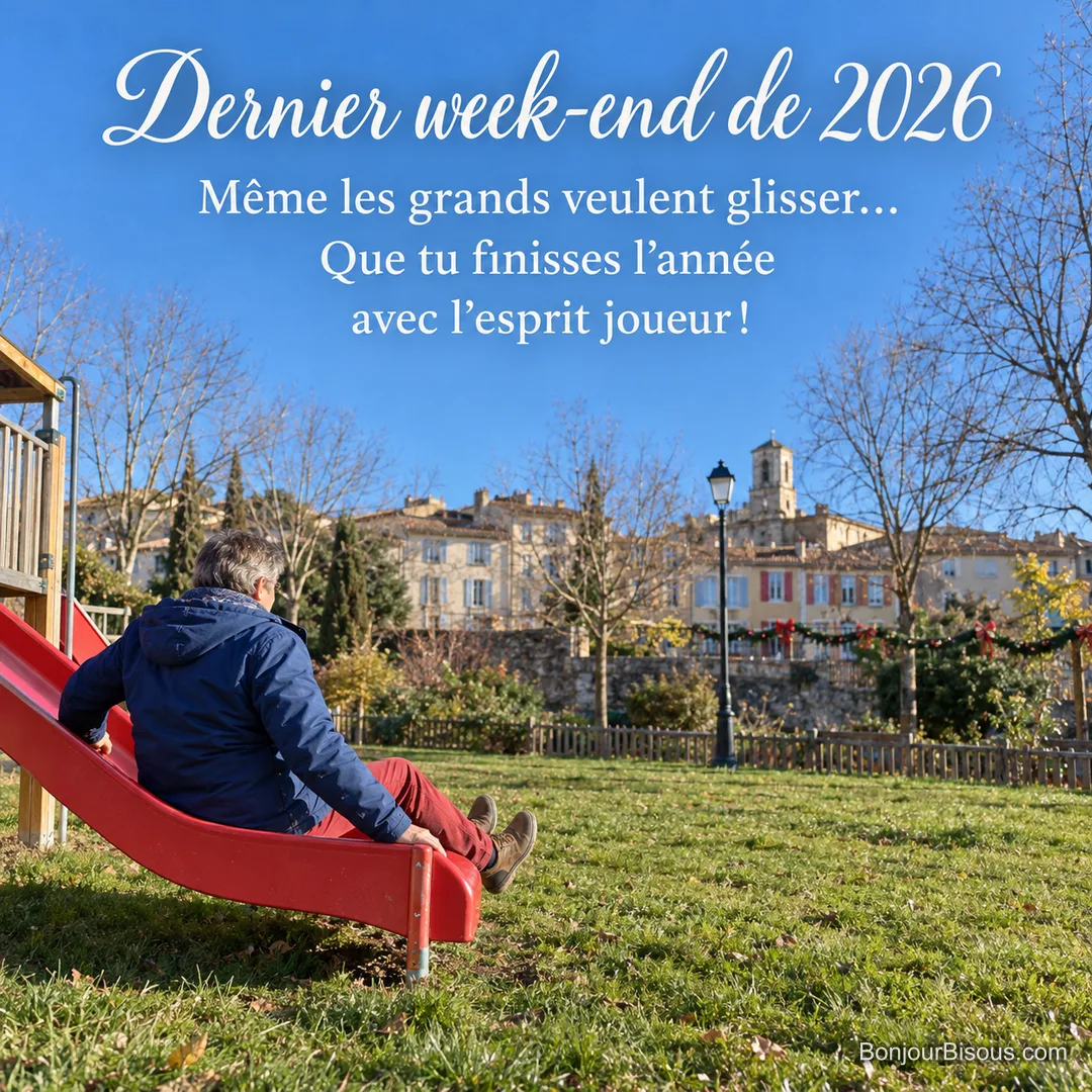 Un homme s’amuse à descendre un grand toboggan rouge dans un parc en décembre, avec le texte « Dernier week-end de 2026 Même les grands veulent glisser… Que tu finisses l’année avec l’esprit joueur ! ». Un homme s’amuse à descendre un grand toboggan rouge dans un parc en décembre, avec le texte « Dernier week-end de 2026 Même les grands veulent glisser… Que tu finisses l’année avec l’esprit joueur ! ».