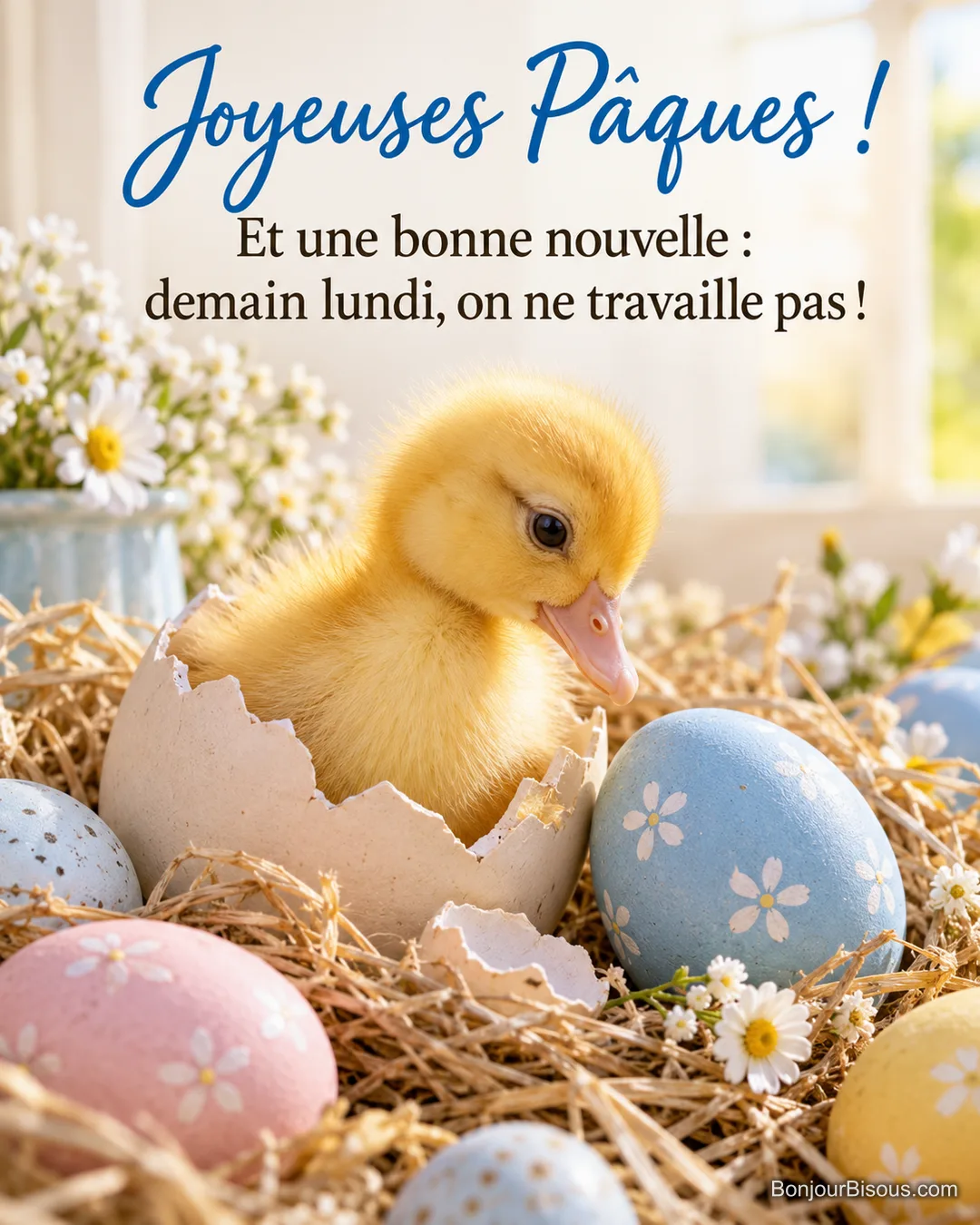 Photo d’un caneton jaune qui sort d’une coquille d’œuf dans un nid de paille entouré d’œufs peints pastel et de marguerites, avec le texte « Joyeuses Pâques ! Et une bonne nouvelle : demain lundi, on ne travaille pas ! » Photo d’un caneton jaune qui sort d’une coquille d’œuf dans un nid de paille entouré d’œufs peints pastel et de marguerites, avec le texte « Joyeuses Pâques ! Et une bonne nouvelle : demain lundi, on ne travaille pas ! »