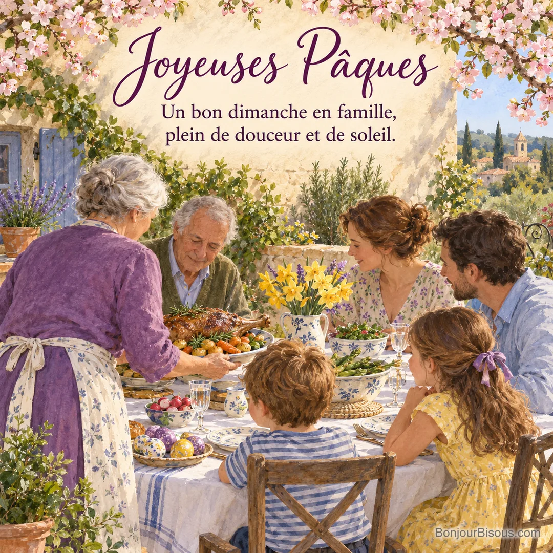 Peinture d’une grand-mère qui pose un gigot aux légumes sur une table de jardin fleurie, un grand-père, un couple et deux enfants autour, sous un amandier en fleurs, avec le texte « Joyeuses Pâques – Un bon dimanche en famille, plein de douceur et de soleil. » Peinture d’une grand-mère qui pose un gigot aux légumes sur une table de jardin fleurie, un grand-père, un couple et deux enfants autour, sous un amandier en fleurs, avec le texte « Joyeuses Pâques – Un bon dimanche en famille, plein de douceur et de soleil. »