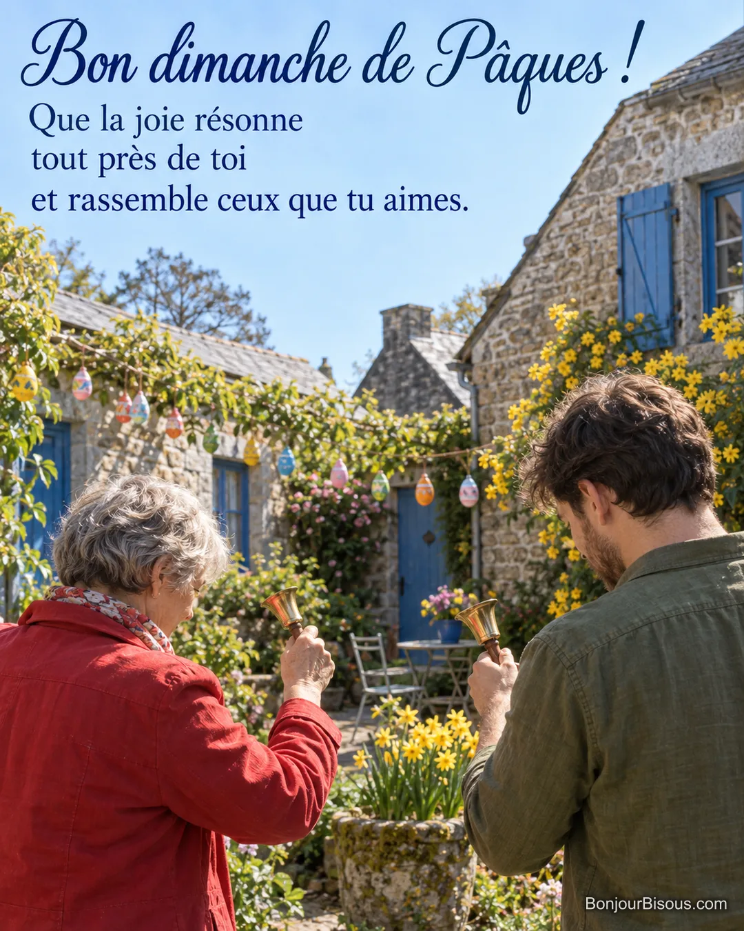 Deux adultes font sonner de petites clochettes dans une cour fleurie et décorée pour Pâques, avec le texte « Bon dimanche de Pâques ! Que la joie résonne tout près de toi et rassemble ceux que tu aimes. ». Deux adultes font sonner de petites clochettes dans une cour fleurie et décorée pour Pâques, avec le texte « Bon dimanche de Pâques ! Que la joie résonne tout près de toi et rassemble ceux que tu aimes. ».