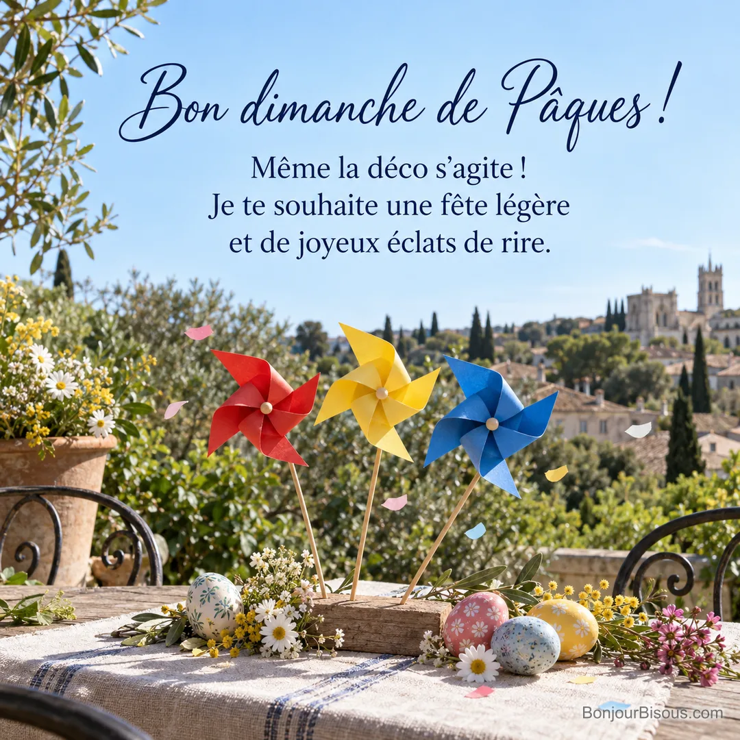 Trois moulins à vent colorés s’inclinent dans la brise sur une table décorée pour Pâques, avec le texte « Bon dimanche de Pâques ! Même la déco s’agite ! Je te souhaite une fête légère et de joyeux éclats de rire. ». Trois moulins à vent colorés s’inclinent dans la brise sur une table décorée pour Pâques, avec le texte « Bon dimanche de Pâques ! Même la déco s’agite ! Je te souhaite une fête légère et de joyeux éclats de rire. ».