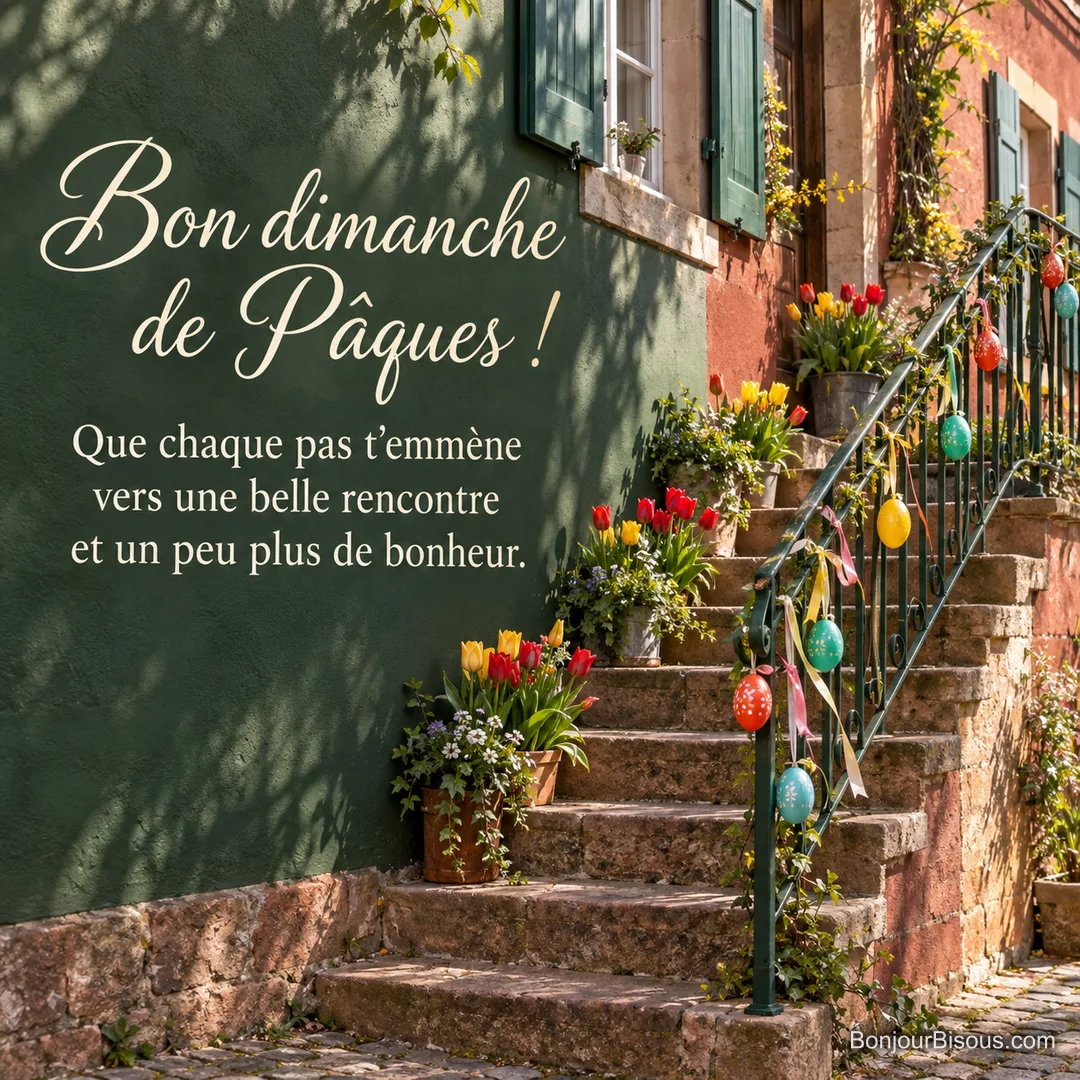 Un escalier de village alsacien est fleuri et décoré d’œufs de Pâques multicolores, avec le texte « Bon dimanche de Pâques ! Que chaque pas t’emmène vers une belle rencontre et un peu plus de bonheur. ». Un escalier de village alsacien est fleuri et décoré d’œufs de Pâques multicolores, avec le texte « Bon dimanche de Pâques ! Que chaque pas t’emmène vers une belle rencontre et un peu plus de bonheur. ».