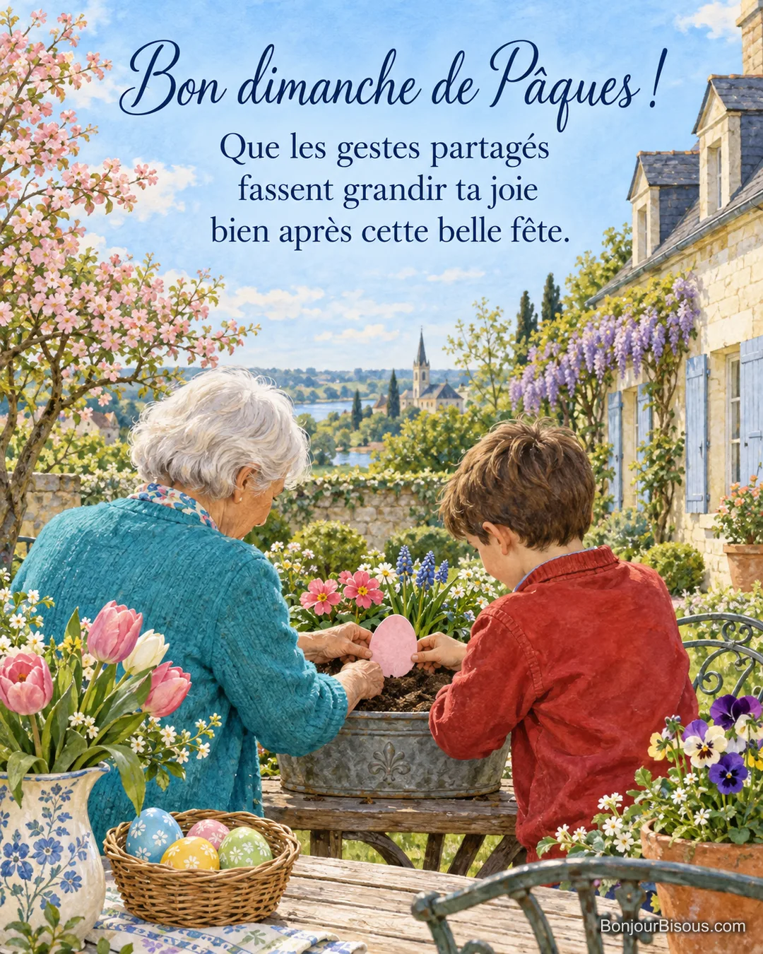 Une grand-mère et un garçon plantent une carte de Pâques en papier ensemencé dans un bac de jardin, avec le texte « Bon dimanche de Pâques ! Que les gestes partagés fassent grandir ta joie bien après cette belle fête. ». Une grand-mère et un garçon plantent une carte de Pâques en papier ensemencé dans un bac de jardin, avec le texte « Bon dimanche de Pâques ! Que les gestes partagés fassent grandir ta joie bien après cette belle fête. ».