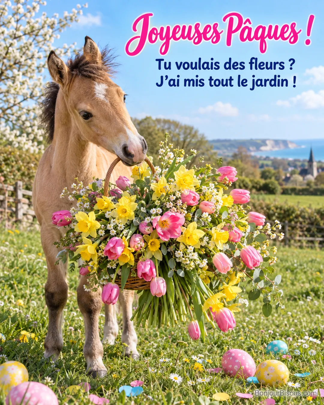Une pouliche tient l’anse d’un petit panier qui déborde d’un énorme bouquet de tulipes et de narcisses, avec le texte « Joyeuses Pâques ! Tu voulais des fleurs ? J’ai mis tout le jardin ! ». Une pouliche tient l’anse d’un petit panier qui déborde d’un énorme bouquet de tulipes et de narcisses, avec le texte « Joyeuses Pâques ! Tu voulais des fleurs ? J’ai mis tout le jardin ! ».