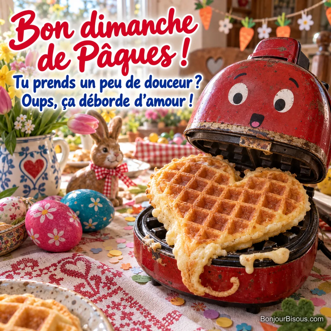 Un gaufrier rouge au visage peint laisse déborder une gaufre en cœur parmi les décorations de Pâques, avec le texte « Bon dimanche de Pâques ! Tu prends un peu de douceur ? Oups, ça déborde d’amour ! ». Un gaufrier rouge au visage peint laisse déborder une gaufre en cœur parmi les décorations de Pâques, avec le texte « Bon dimanche de Pâques ! Tu prends un peu de douceur ? Oups, ça déborde d’amour ! ».