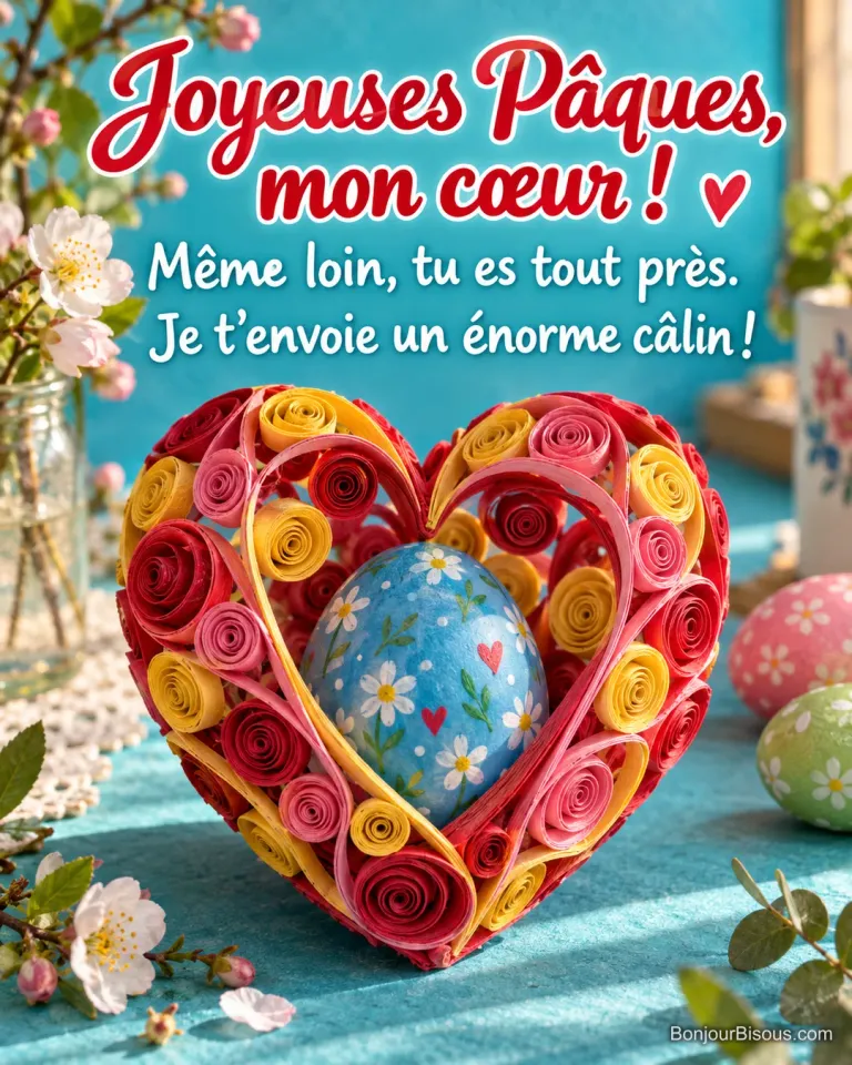 Un cœur de papier en quilling rouge et rose enveloppe un œuf bleu parmi des décorations de Pâques, avec le texte « Joyeuses Pâques, mon cœur ! Même loin, tu es tout près. Je t’envoie un énorme câlin ! ».