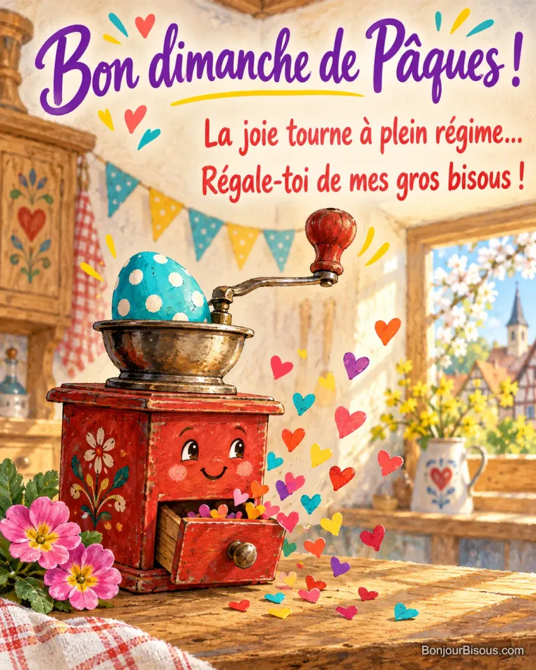 Un moulin à café rouge souriant laisse échapper des confettis tandis qu’un œuf décoratif coince sa trémie, avec le texte « Bon dimanche de Pâques ! La joie tourne à plein régime… Régale-toi de mes gros bisous ! ».