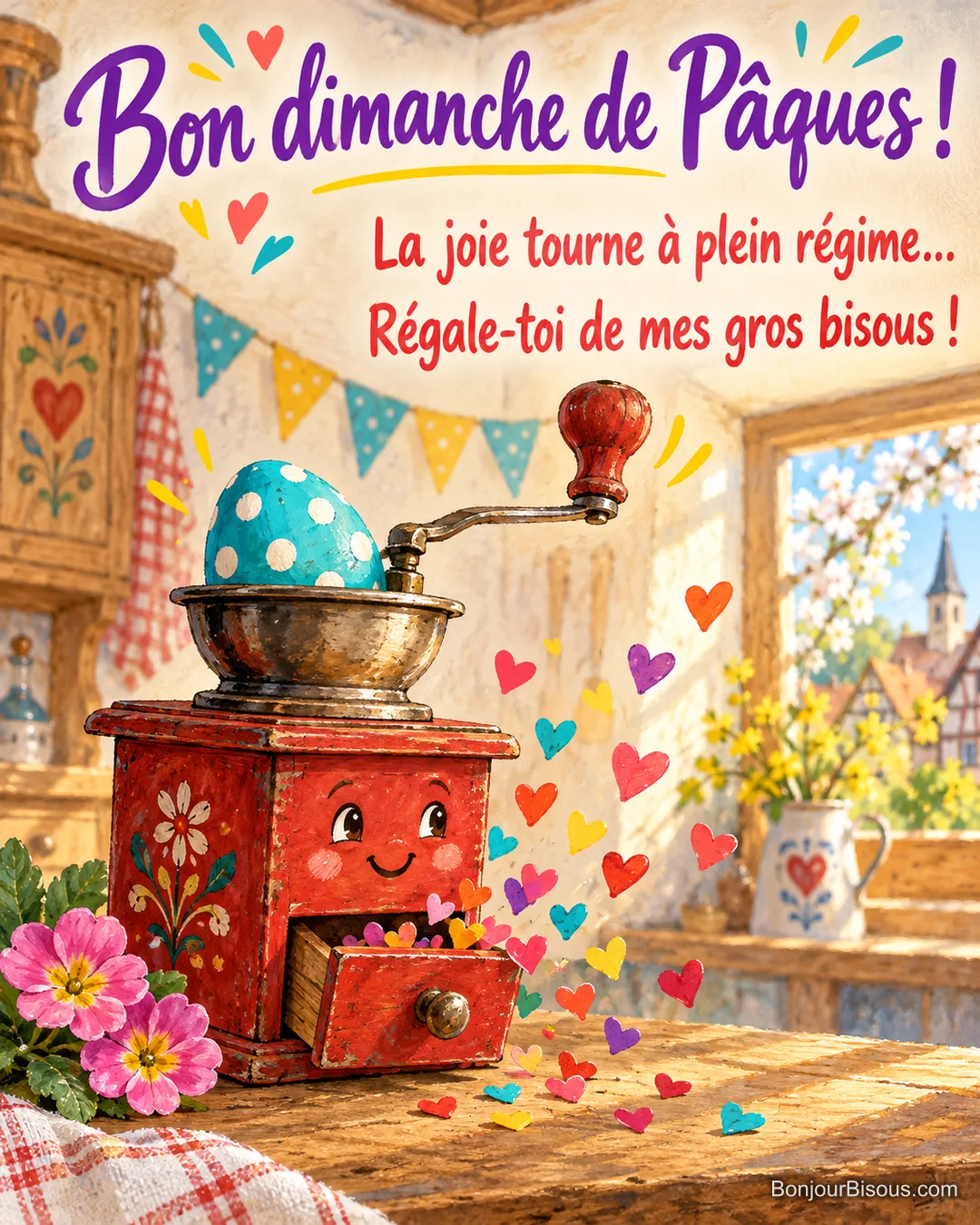 Un moulin à café rouge souriant laisse échapper des confettis tandis qu’un œuf décoratif coince sa trémie, avec le texte « Bon dimanche de Pâques ! La joie tourne à plein régime… Régale-toi de mes gros bisous ! ». Un moulin à café rouge souriant laisse échapper des confettis tandis qu’un œuf décoratif coince sa trémie, avec le texte « Bon dimanche de Pâques ! La joie tourne à plein régime… Régale-toi de mes gros bisous ! ».