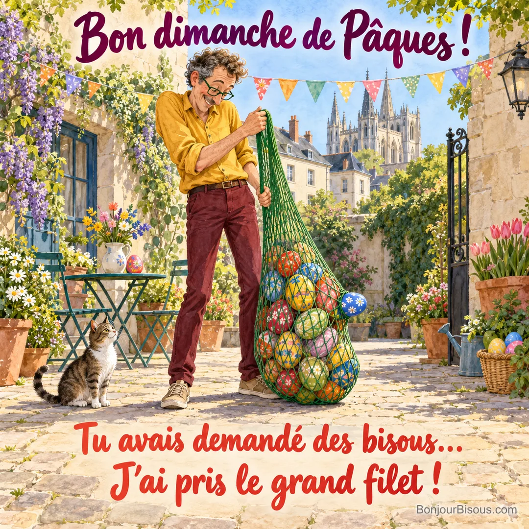 Un homme s’amuse de son filet à provisions rempli d’œufs de Pâques qui s’étire jusqu’au sol, avec le texte « Bon dimanche de Pâques ! Tu avais demandé des bisous… J’ai pris le grand filet ! ». Un homme s’amuse de son filet à provisions rempli d’œufs de Pâques qui s’étire jusqu’au sol, avec le texte « Bon dimanche de Pâques ! Tu avais demandé des bisous… J’ai pris le grand filet ! ».