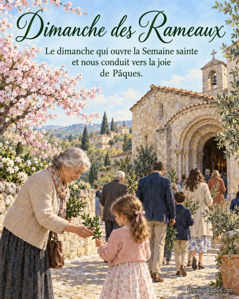 Peinture d’une grand-mère qui donne un rameau d’olivier à une petite fille devant une église romane de village, des familles avec des rameaux entrent dans l’église, avec le texte « Dimanche des Rameaux – Le dimanche qui ouvre la Semaine sainte et nous conduit vers la joie de Pâques. »