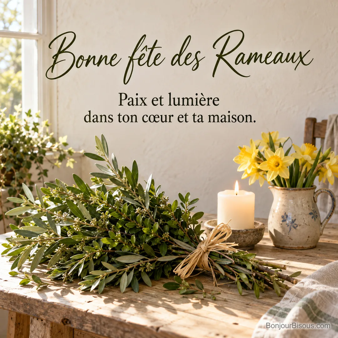 Photo d’un bouquet de rameaux d’olivier et de buis noué de raphia sur une table en bois, avec une bougie blanche et un pichet de jonquilles, avec le texte « Bonne fête des Rameaux – Paix et lumière dans ton cœur et ta maison. »
