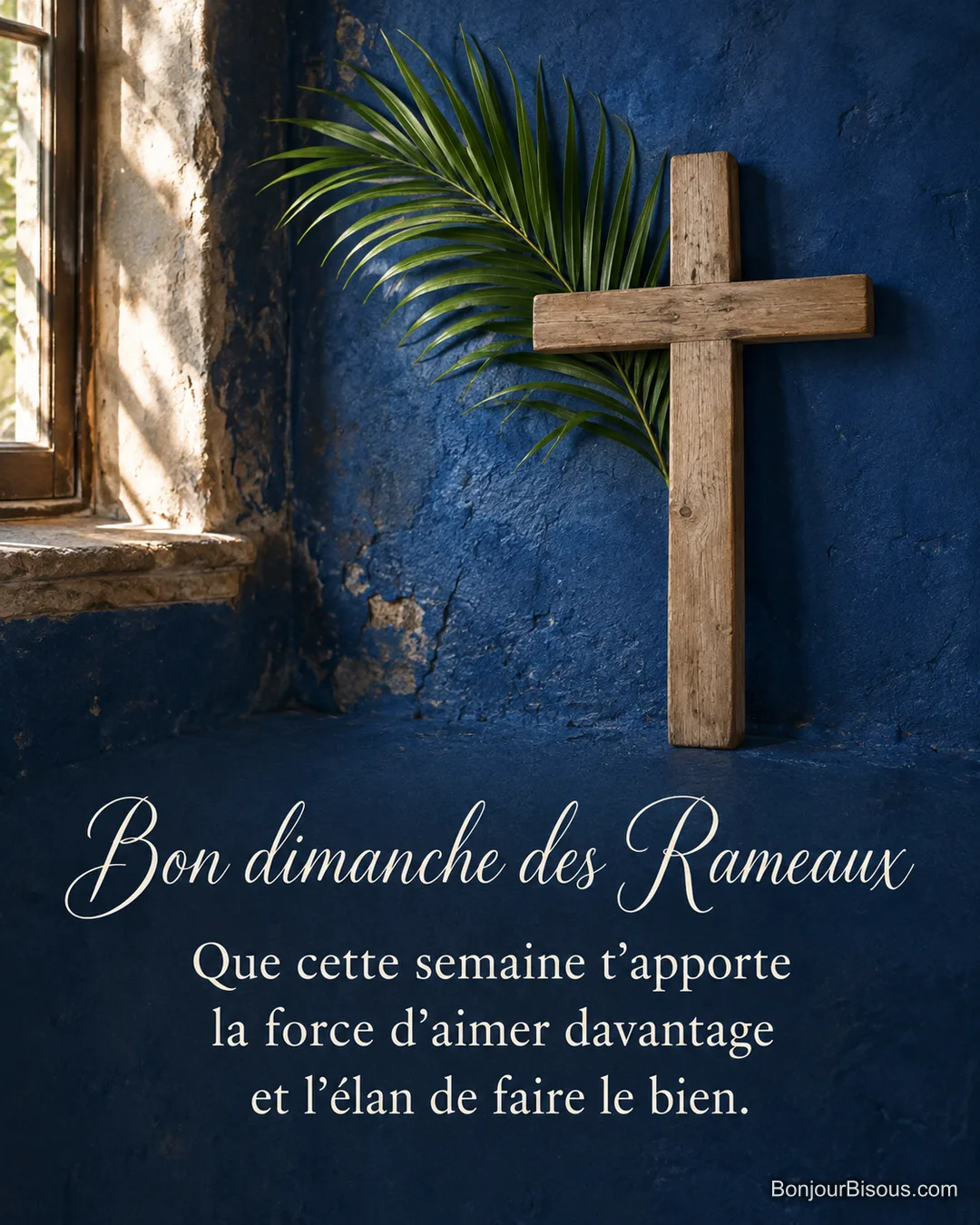 Une croix en bois clair et une palme verte se détachent sur le mur bleu d’une sacristie, avec le texte « Bon dimanche des Rameaux Que cette semaine t’apporte la force d’aimer davantage et l’élan de faire le bien. ».