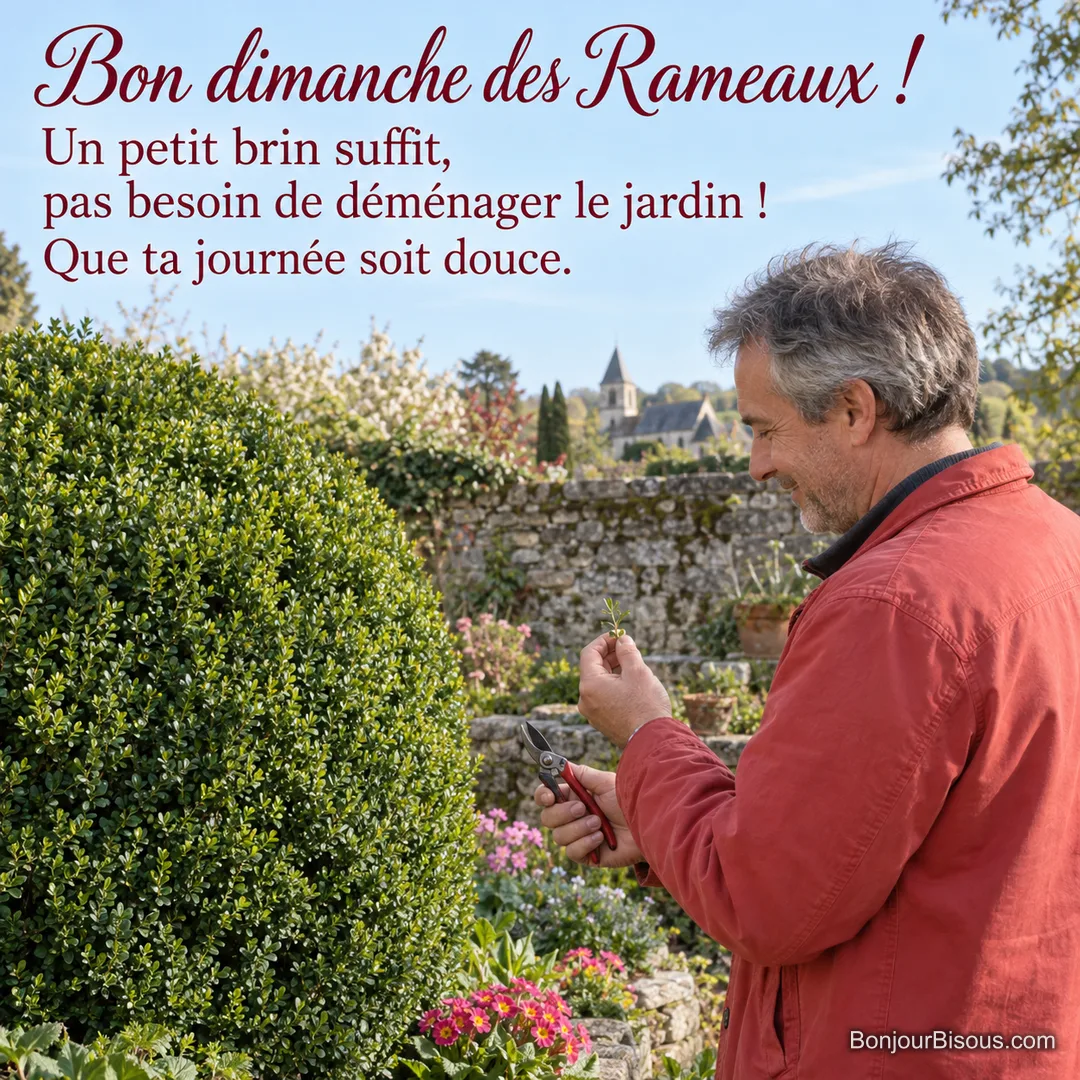 Un homme observe un tout petit brin de buis devant un grand buisson, son sécateur à la main, avec le texte « Bon dimanche des Rameaux ! Un petit brin suffit, pas besoin de déménager le jardin ! Que ta journée soit douce. ».