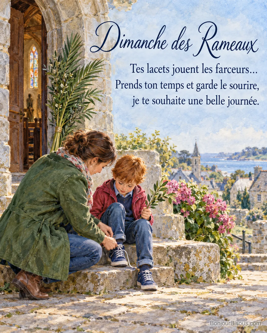 Une mère aide son fils à nouer sa chaussure sur le seuil de l’église, avant la célébration des Rameaux, avec le texte « Dimanche des Rameaux Tes lacets jouent les farceurs… Prends ton temps et garde le sourire, je te souhaite une belle journée. ».