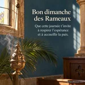 Un encensoir en laiton laisse monter une fine fumée dans la lumière dorée d’une petite église, avec le texte « Bon dimanche des Rameaux Que cette journée t’invite à respirer l’espérance et à accueillir la paix. ».