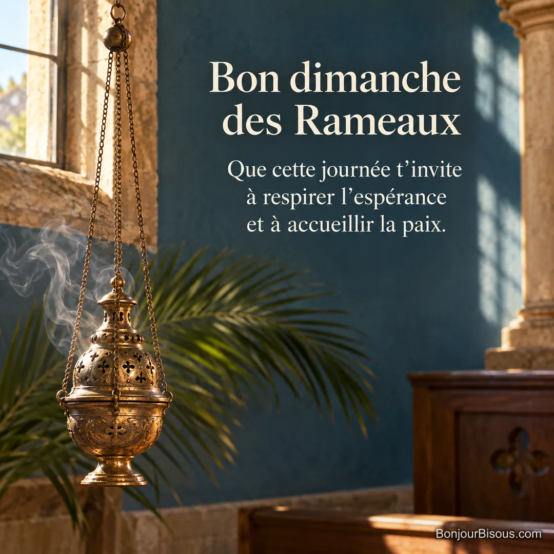 Un encensoir en laiton laisse monter une fine fumée dans la lumière dorée d’une petite église, avec le texte « Bon dimanche des Rameaux Que cette journée t’invite à respirer l’espérance et à accueillir la paix. ».