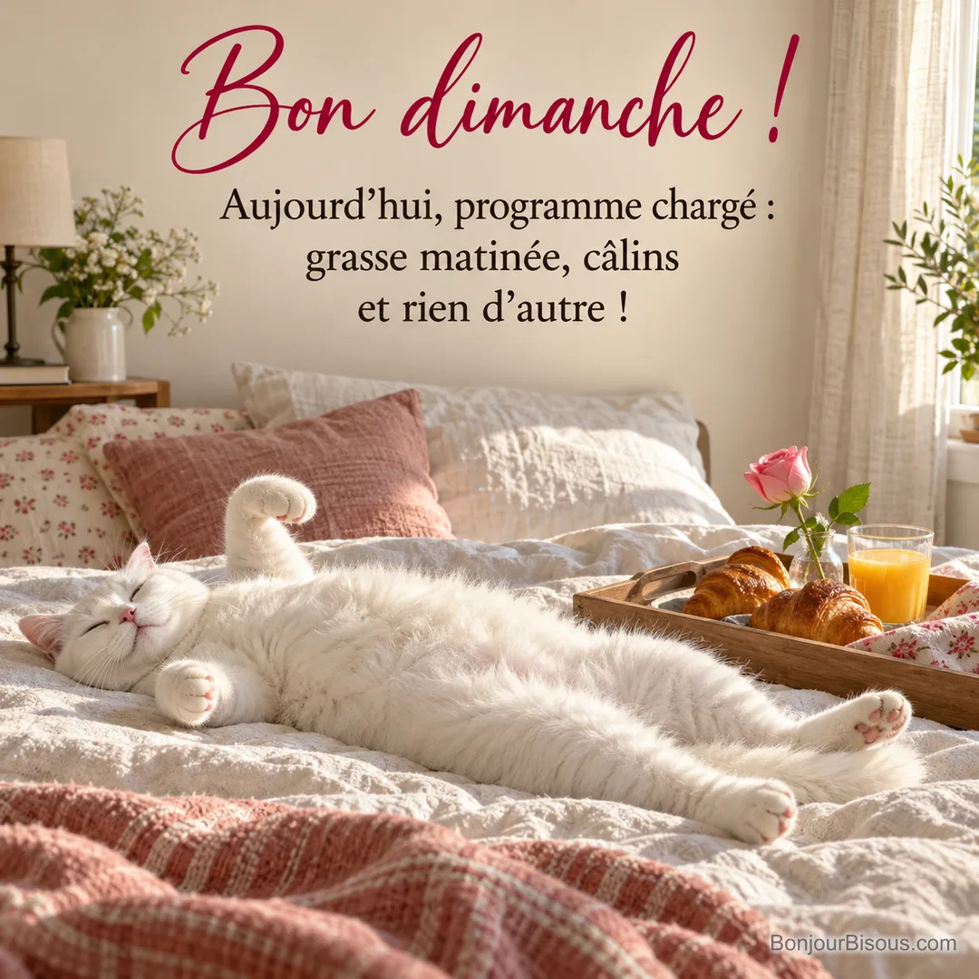 Photo d’un chat blanc allongé sur le dos sur une couette au soleil, à côté d’un plateau avec croissants, jus d’orange et une rose, avec le texte « Bon dimanche ! Aujourd’hui, programme chargé : grasse matinée, câlins et rien d’autre ! »
