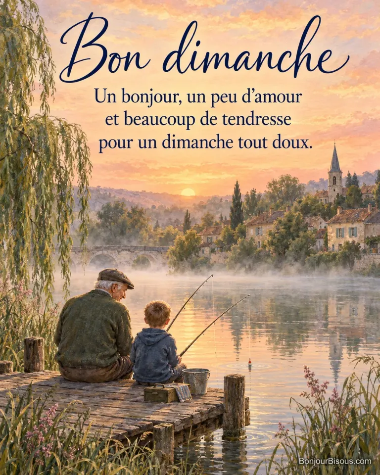 Peinture d’un grand-père et d’un garçon assis de dos sur un ponton qui pêchent à la ligne sur une rivière dans la brume du matin, village et clocher sur l’autre rive, avec le texte « Bon dimanche – Un bonjour, un peu d’amour et beaucoup de tendresse pour un dimanche tout doux. »