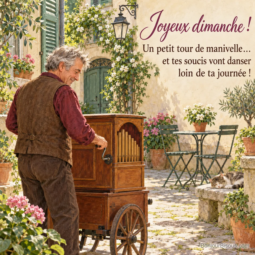 Un homme tourne la manivelle d’un orgue de barbarie dans une cour, près d’un chat endormi, avec le texte « Joyeux dimanche ! Un petit tour de manivelle… et tes soucis vont danser loin de ta journée ! ». Un homme tourne la manivelle d’un orgue de barbarie dans une cour, près d’un chat endormi, avec le texte « Joyeux dimanche ! Un petit tour de manivelle… et tes soucis vont danser loin de ta journée ! ».