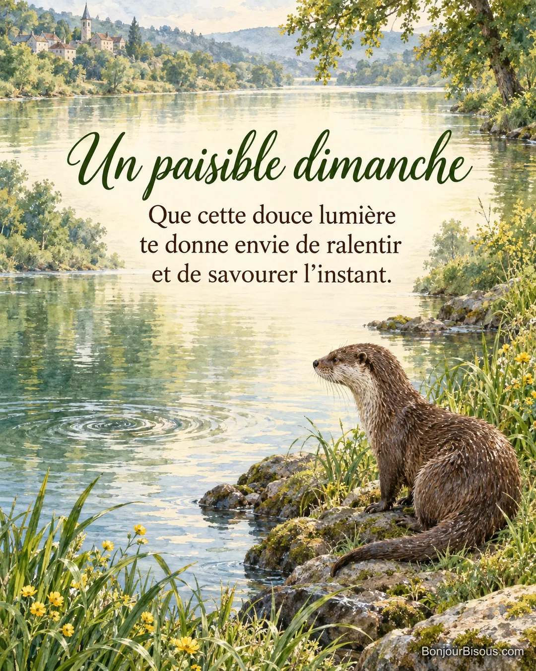 Une loutre se repose sur une berge de rivière limousine dans la lumière du matin, avec le texte « Un paisible dimanche Que cette douce lumière te donne envie de ralentir et de savourer l’instant. ». Une loutre se repose sur une berge de rivière limousine dans la lumière du matin, avec le texte « Un paisible dimanche Que cette douce lumière te donne envie de ralentir et de savourer l’instant. ».