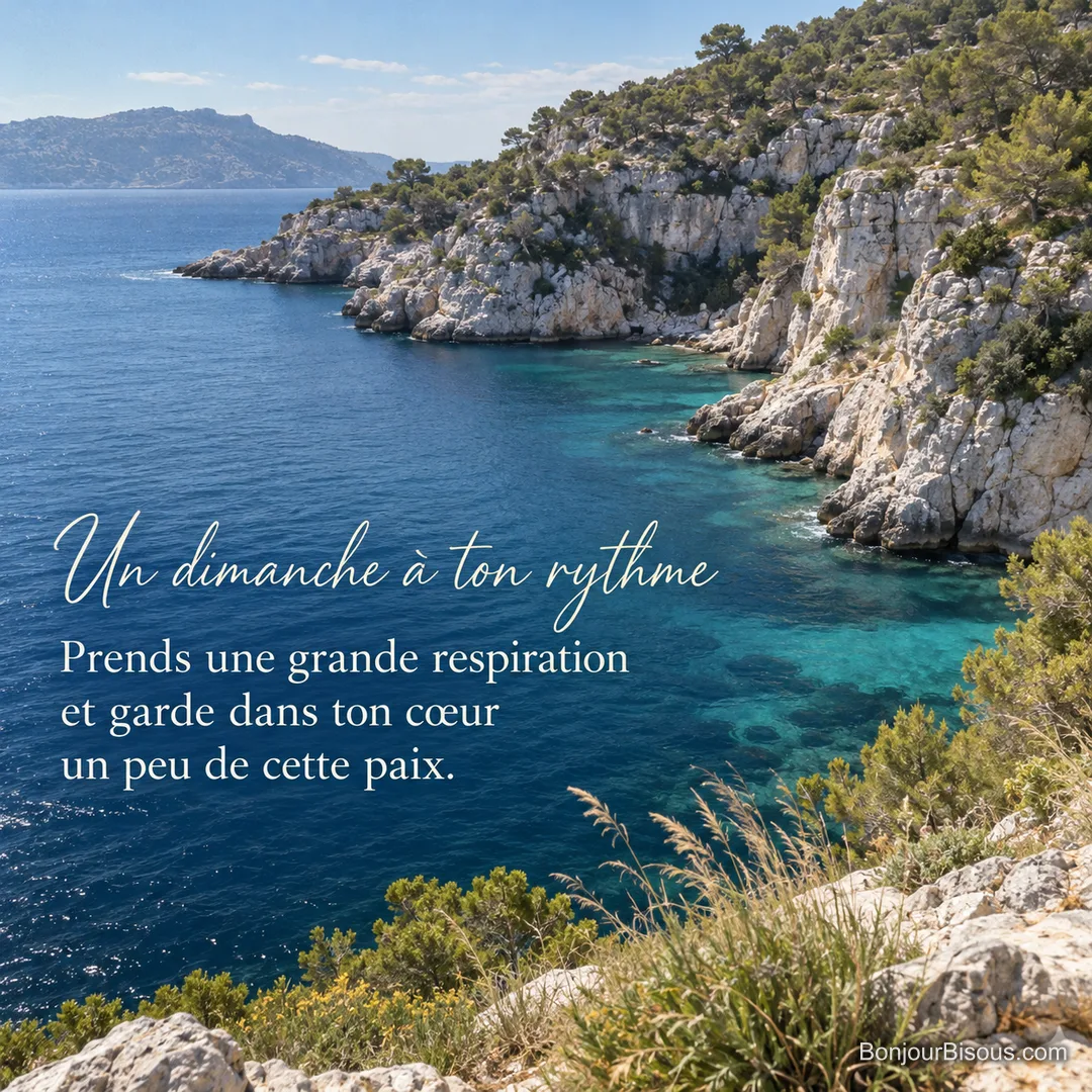Une petite calanque provençale s’ouvre sur une mer turquoise sous la lumière du matin, avec le texte « Un dimanche à ton rythme Prends une grande respiration et garde dans ton cœur un peu de cette paix. ». Une petite calanque provençale s’ouvre sur une mer turquoise sous la lumière du matin, avec le texte « Un dimanche à ton rythme Prends une grande respiration et garde dans ton cœur un peu de cette paix. ».