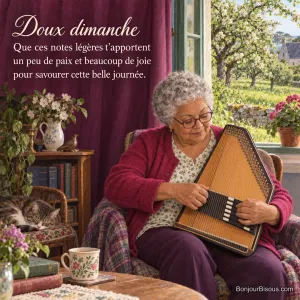 Une musicienne amateur joue de l’autoharpe dans un salon breton ouvert sur le jardin, avec le texte « Doux dimanche Que ces notes légères t’apportent un peu de paix et beaucoup de joie pour savourer cette belle journée. ».