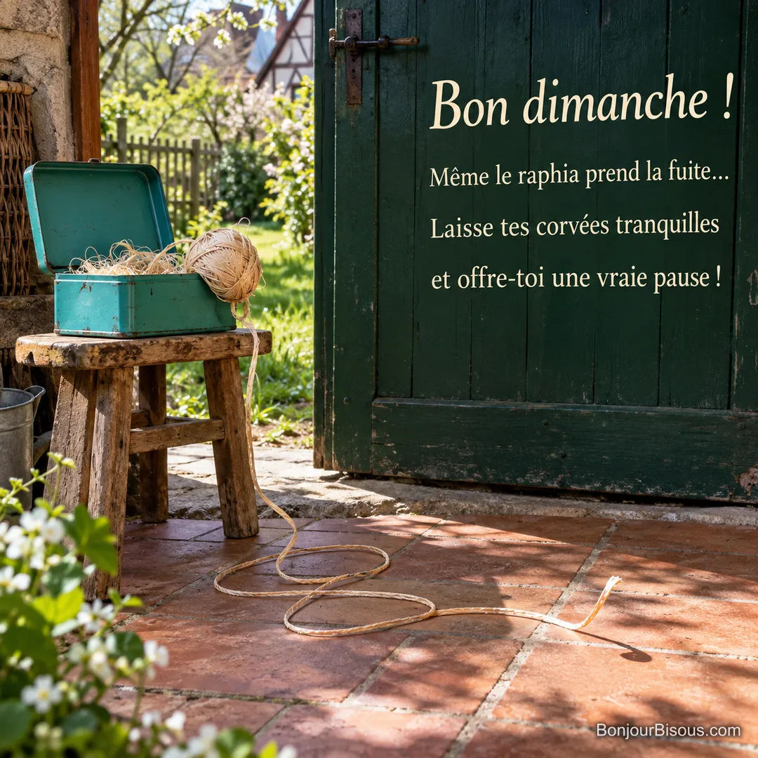 Une pelote de raphia s’est déroulée hors d’une boîte turquoise dans une remise de jardin alsacienne, avec le texte « Bon dimanche ! Même le raphia prend la fuite… Laisse tes corvées tranquilles et offre-toi une vraie pause ! ». Une pelote de raphia s’est déroulée hors d’une boîte turquoise dans une remise de jardin alsacienne, avec le texte « Bon dimanche ! Même le raphia prend la fuite… Laisse tes corvées tranquilles et offre-toi une vraie pause ! ».