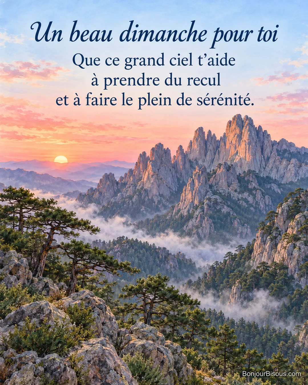 Les aiguilles de Bavella dominent les pins laricio et une brume légère dans la lumière du matin corse, avec le texte « Un beau dimanche pour toi Que ce grand ciel t’aide à prendre du recul et à faire le plein de sérénité. ». Les aiguilles de Bavella dominent les pins laricio et une brume légère dans la lumière du matin corse, avec le texte « Un beau dimanche pour toi Que ce grand ciel t’aide à prendre du recul et à faire le plein de sérénité. ».