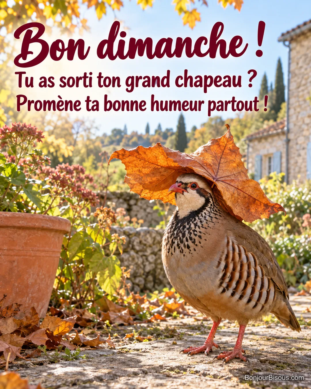Une perdrix rouge semble porter une grande feuille de platane comme un chapeau, avec le texte « Bon dimanche ! Tu as sorti ton grand chapeau ? Promène ta bonne humeur partout ! ». Une perdrix rouge semble porter une grande feuille de platane comme un chapeau, avec le texte « Bon dimanche ! Tu as sorti ton grand chapeau ? Promène ta bonne humeur partout ! ».