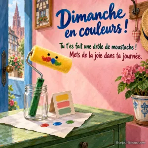 Un petit rouleau de peinture souriant porte une moustache rouge, bleue et verte, avec le texte « Dimanche en couleurs ! Tu t’es fait une drôle de moustache ! Mets de la joie dans ta journée. ».