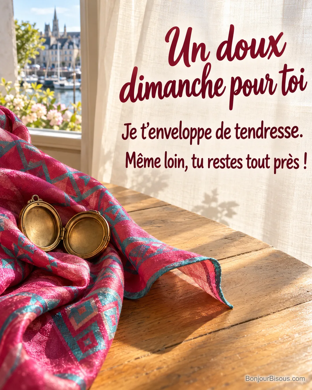 Un foulard rose et turquoise enveloppe un petit médaillon souvenir en laiton, avec le texte « Un doux dimanche pour toi Je t’enveloppe de tendresse. Même loin, tu restes tout près ! ». Un foulard rose et turquoise enveloppe un petit médaillon souvenir en laiton, avec le texte « Un doux dimanche pour toi Je t’enveloppe de tendresse. Même loin, tu restes tout près ! ».
