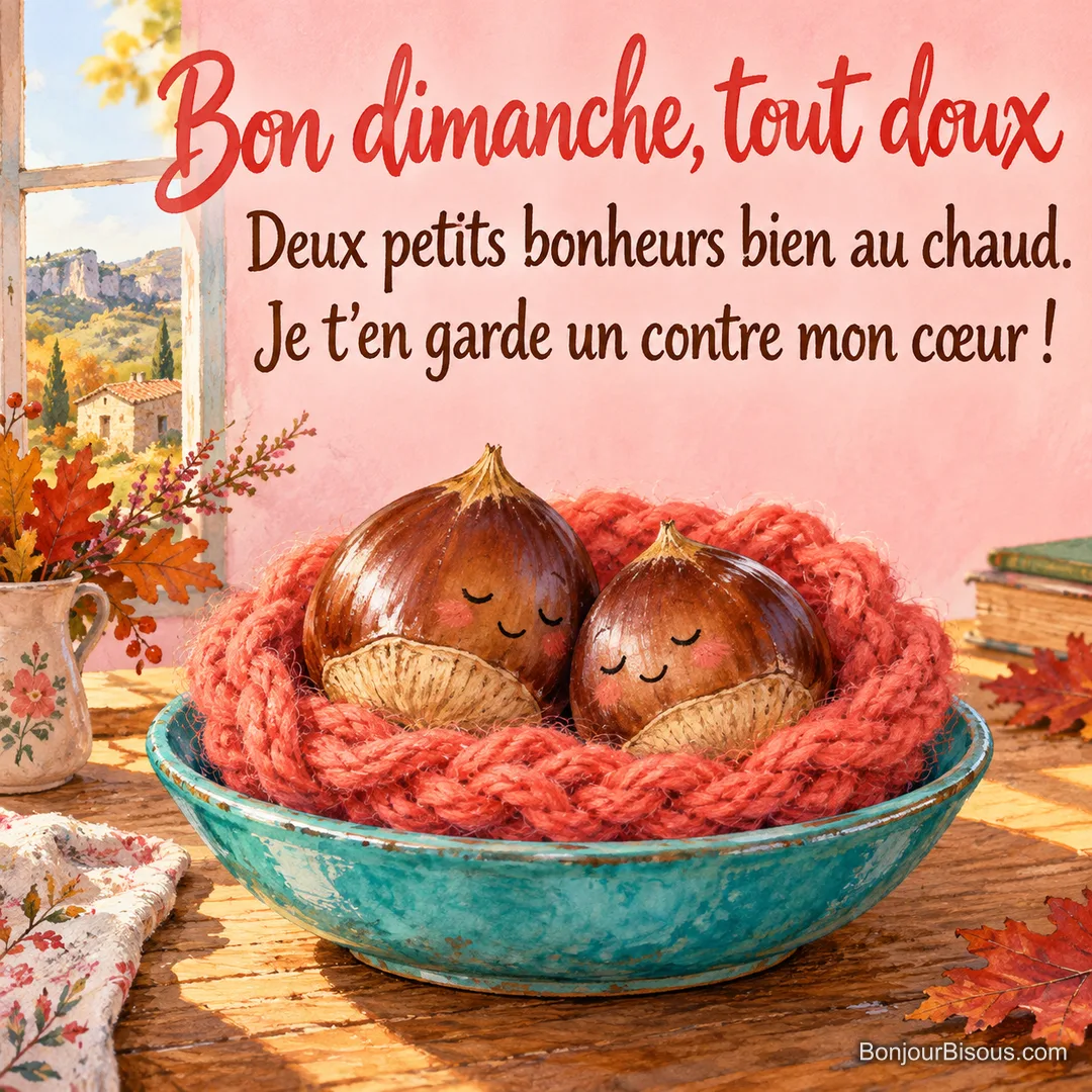 Deux châtaignes aux petits visages assoupis se blottissent dans un nid de laine corail, avec le texte « Bon dimanche, tout doux Deux petits bonheurs bien au chaud. Je t’en garde un contre mon cœur ! ». Deux châtaignes aux petits visages assoupis se blottissent dans un nid de laine corail, avec le texte « Bon dimanche, tout doux Deux petits bonheurs bien au chaud. Je t’en garde un contre mon cœur ! ».