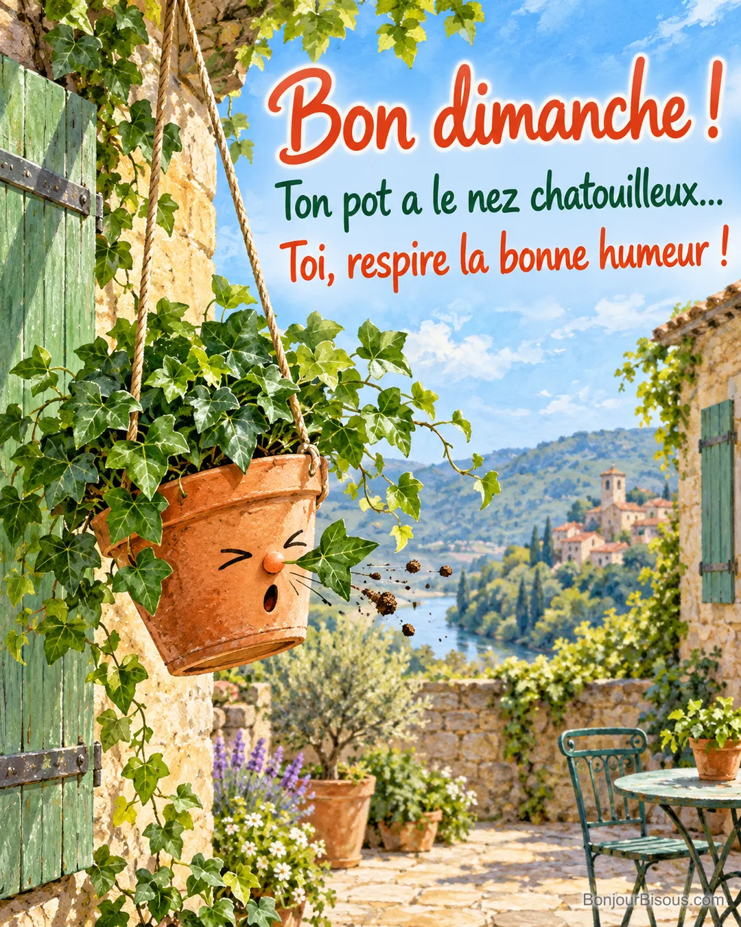 Un pot de lierre au petit visage peint éternue lorsque sa feuille lui chatouille le nez, avec le texte « Bon dimanche ! Ton pot a le nez chatouilleux… Toi, respire la bonne humeur ! ».
