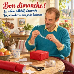 Un homme rit en décollant le ruban adhésif qui relie les manches de son pull pendant un emballage cadeau, avec le texte « Bon dimanche ! Le ruban adhésif s’accroche… Toi, accroche-toi aux petits bonheurs ! ».