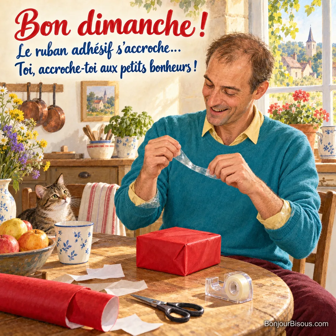 Un homme rit en décollant le ruban adhésif qui relie les manches de son pull pendant un emballage cadeau, avec le texte « Bon dimanche ! Le ruban adhésif s’accroche… Toi, accroche-toi aux petits bonheurs ! ».