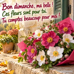 Un bouquet d’anémones du Japon roses et blanches repose dans son papier de soie sur un seuil normand, avec le texte « Bon dimanche, ma belle ! Ces fleurs sont pour toi. Tu comptes beaucoup pour moi ! ».