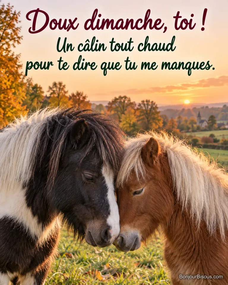 Un poney pie noir et blanc et un jeune poney alezan frottent leurs fronts dans un pré mayennais, avec le texte « Doux dimanche, toi ! Un câlin tout chaud pour te dire que tu me manques. ».