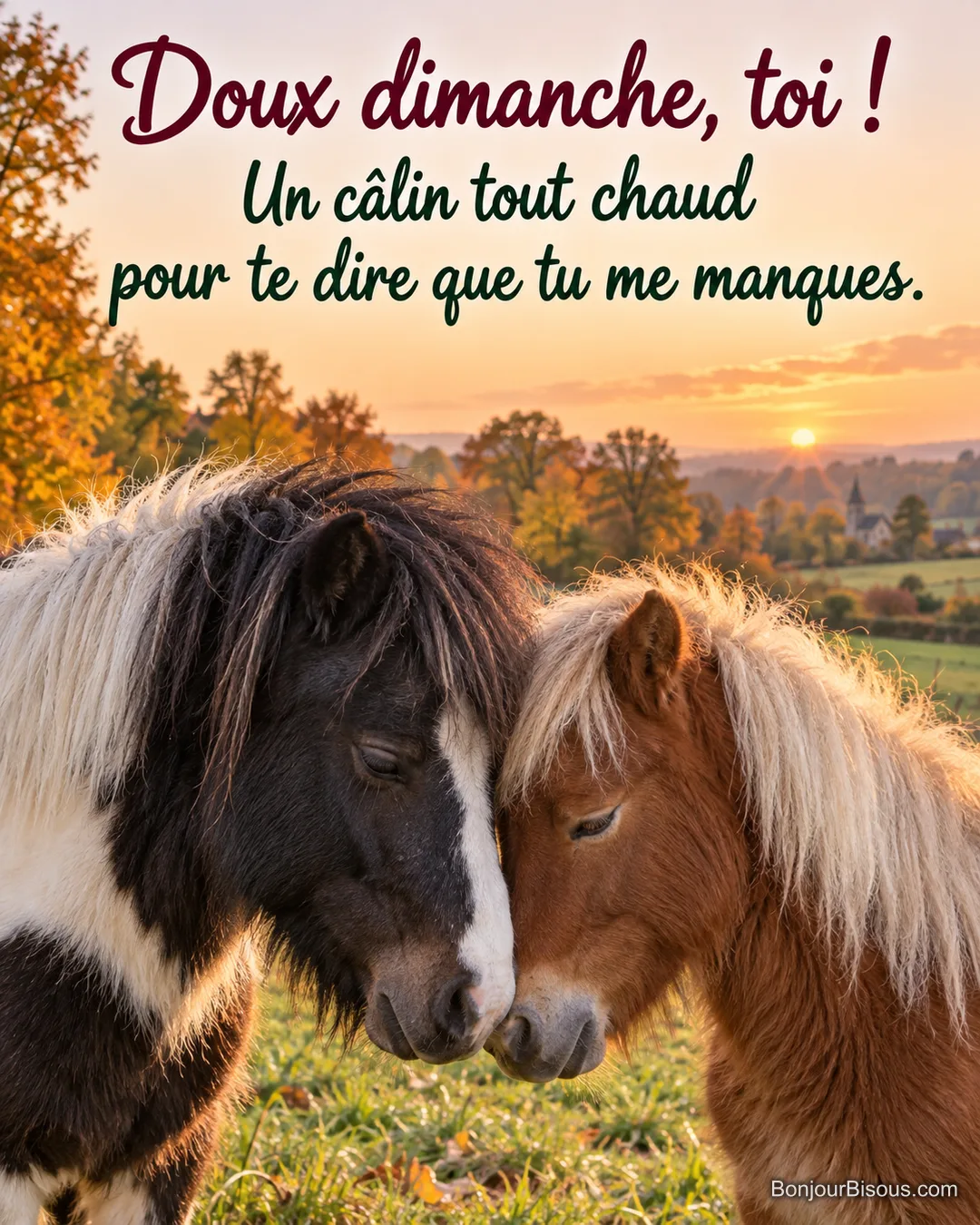 Un poney pie noir et blanc et un jeune poney alezan frottent leurs fronts dans un pré mayennais, avec le texte « Doux dimanche, toi ! Un câlin tout chaud pour te dire que tu me manques. ». Un poney pie noir et blanc et un jeune poney alezan frottent leurs fronts dans un pré mayennais, avec le texte « Doux dimanche, toi ! Un câlin tout chaud pour te dire que tu me manques. ».