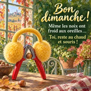 Un casse-noix rouge porte un énorme protège-oreilles jaune autour d’une petite noisette, avec le texte « Bon dimanche ! Même les noix ont froid aux oreilles… Toi, reste au chaud et souris ! ».